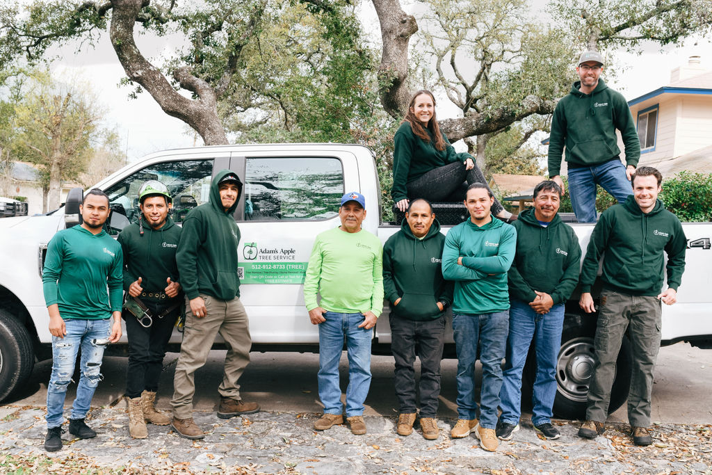 Adam's Apple Tree Service crew with equipment and truck at job site Austin TX